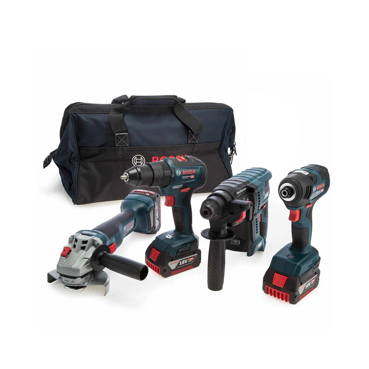 Bosch 0615990M2B 18V 4 Piece Cordless Power Tool Kit With 3 X 4.0Ah Batteries, Charger & Tool Bag 3 Bosch 0615990M2B 18V 4 Piece Cordless Power Tool Kit With 3 X 4.0Ah Batteries, Charger & Tool Bag