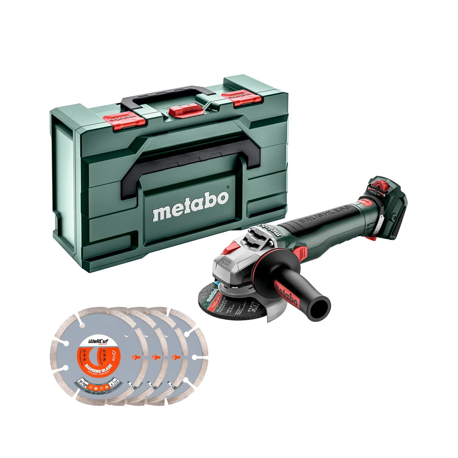 Metabo WVB 18 LT BL 11-115 Quick 18V Cordless Brushless 115mm Angle Grinder With 4 X Diamond Blades & MetaBox 3 Metabo WVB 18 LT BL 11-115 Quick 18V Cordless Brushless 115mm Angle Grinder With 4 X Diamond Blades & MetaBox