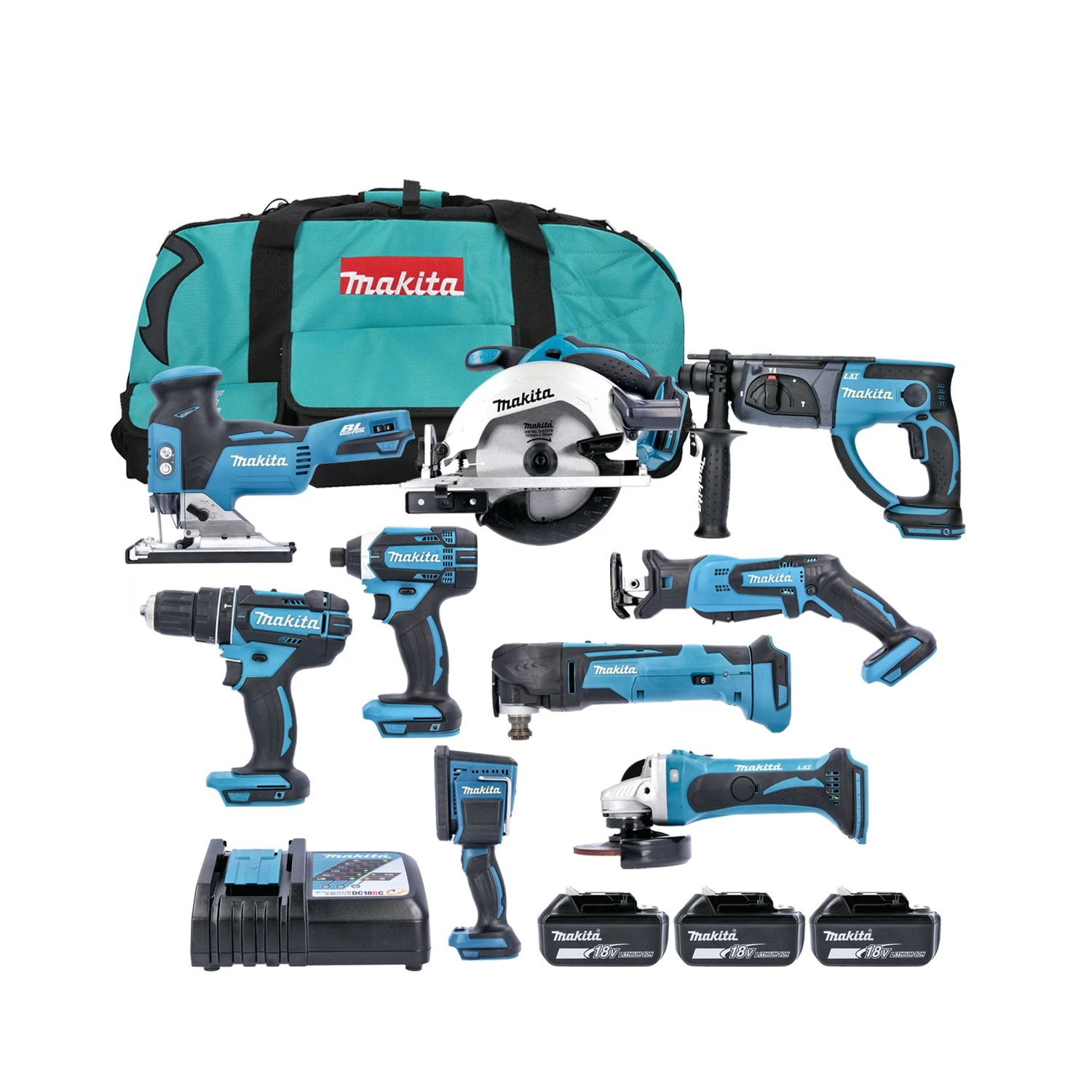 Makita 18V LXT 9 Piece Power Tool Kit With 3 X 5.0Ah Batteries, Charger & Tool Bag 3 Makita 18V LXT 9 Piece Power Tool Kit With 3 X 5.0Ah Batteries, Charger & Tool Bag