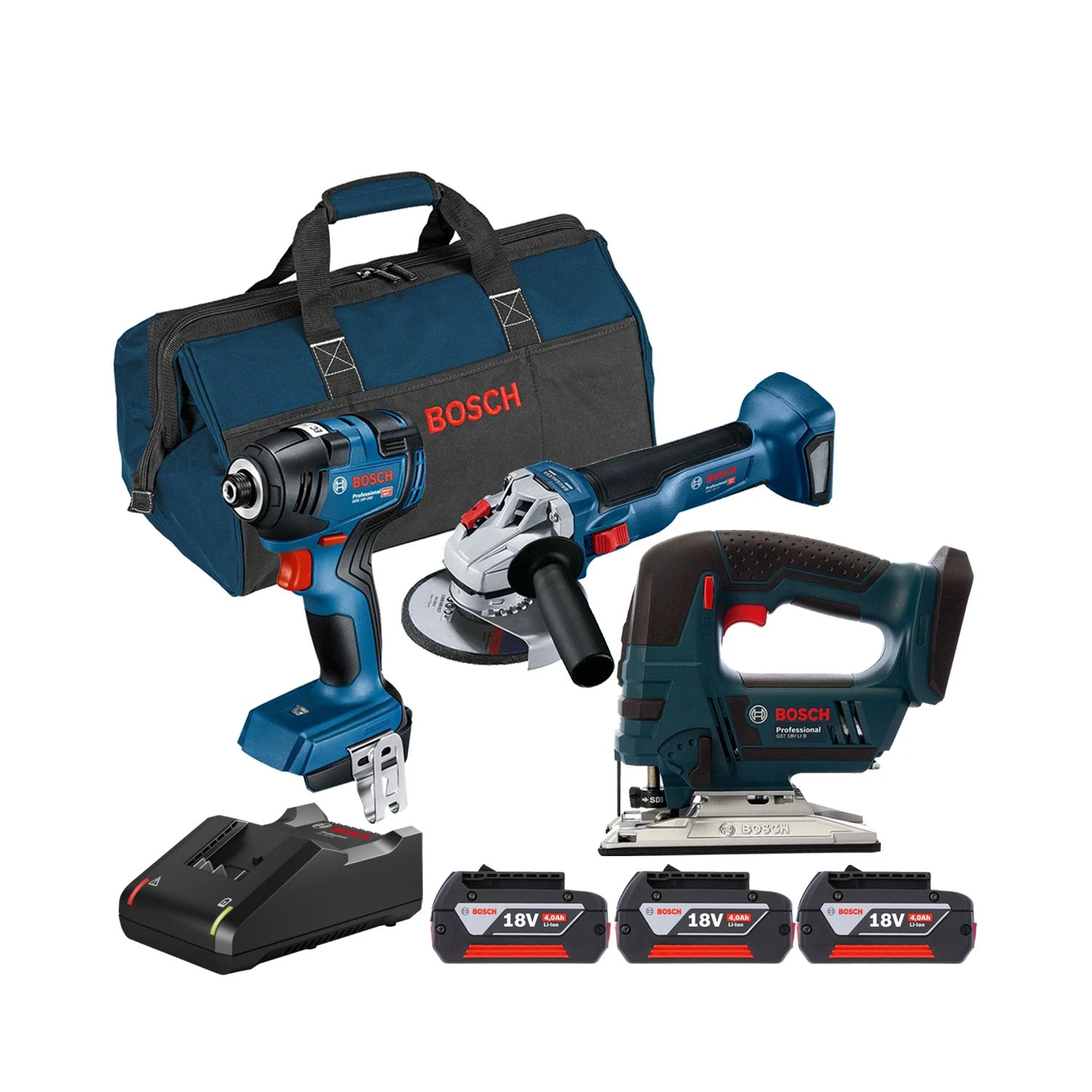Bosch 18V 3 Piece Cordless Power Tool Kit With 3 X 4.0Ah Batteries, Charger & Tool Bag 3 Bosch 18V 3 Piece Cordless Power Tool Kit With 3 X 4.0Ah Batteries, Charger & Tool Bag
